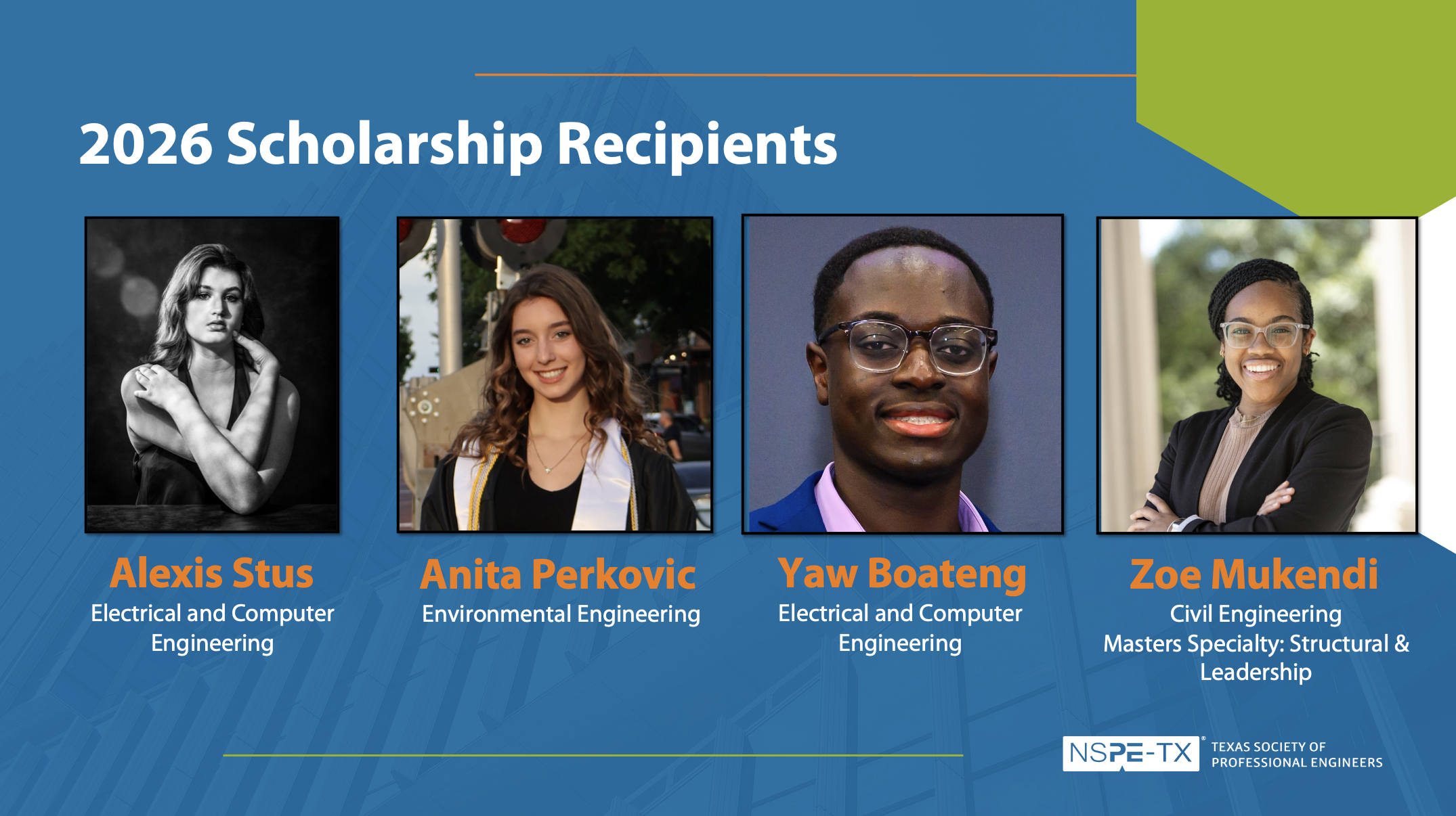Image of the four 2026 TSPE Dallas Chapter SMU Scholarship Recipients